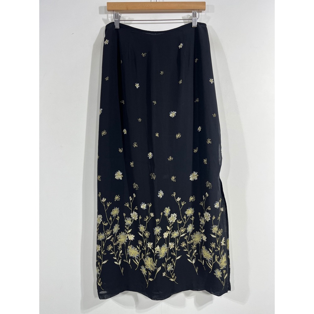 Sigrid Olsen VTG 90s Whimsigoth Black Floral Embroidered Maxi Skirt Size 12 Boho